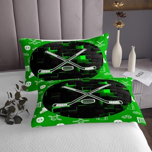 Erosebridal Hockey Queen Bedspread Set for Boys Kids Teen Green Black Neon Geometric Check Grids Quilt Set Winter Sports Games Coverlet Set Ice Hockey Stick Puck Bedding Set Soft Lightweight