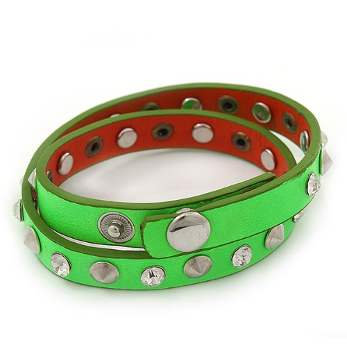 Avalaya Neon Green Leather Style Crystal and Spike Studded Wrap Bracelet - Adjustable (One Size Fits All)