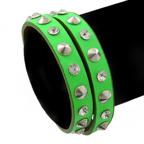 Avalaya Neon Green Leather Style Crystal and Spike Studded Wrap Bracelet - Adjustable (One Size Fits All)