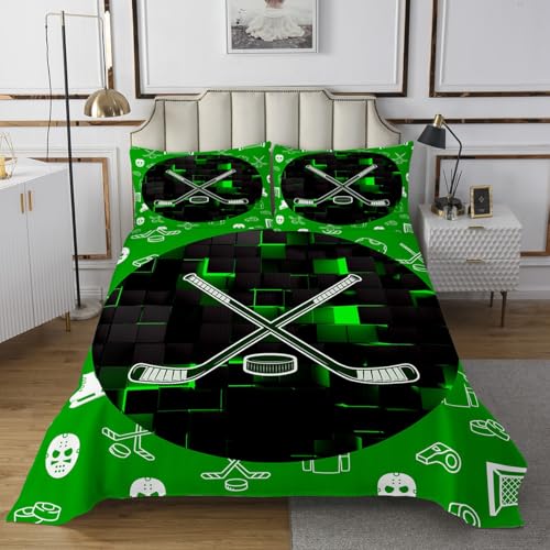 Erosebridal Hockey Queen Bedspread Set for Boys Kids Teen Green Black Neon Geometric Check Grids Quilt Set Winter Sports Games Coverlet Set Ice Hockey Stick Puck Bedding Set Soft Lightweight