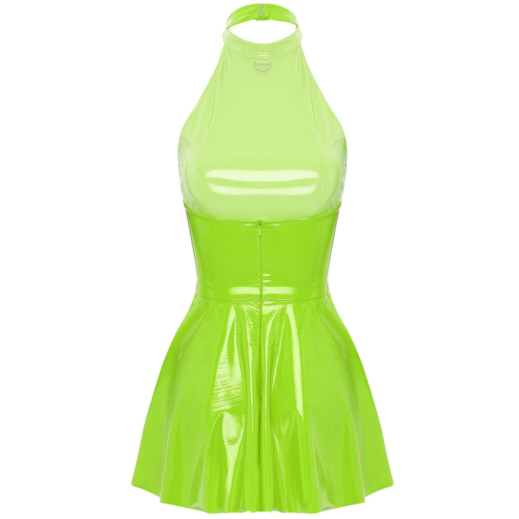 LiiYii Women's Pleated Latex Dress Fashion Wetlook PVC Leather Mini Dress Party Club Sexy Dress Fluorescent Green X-Large