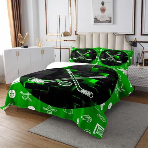 Erosebridal Hockey Queen Bedspread Set for Boys Kids Teen Green Black Neon Geometric Check Grids Quilt Set Winter Sports Games Coverlet Set Ice Hockey Stick Puck Bedding Set Soft Lightweight