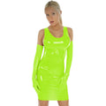 Plus Size PVC Mini Tank Dress Sexy PU Patent Leather Sheath Dress Mini Low Cut Slim Latex Nightclub Dresses with Gloves,Fluorescence Green,S