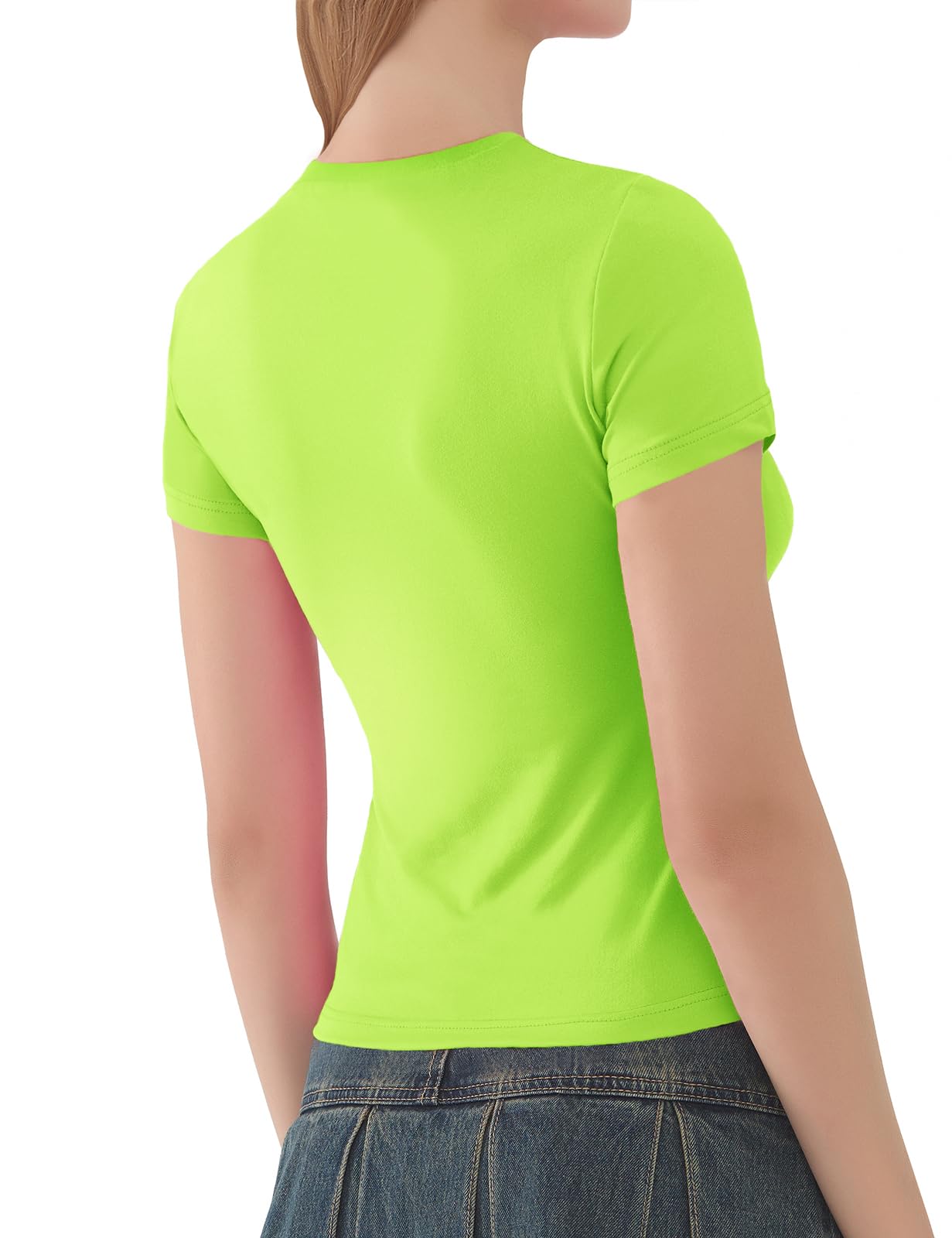 ARCFEETORY Womens Basic Short Sleeve Slim Fit T Shirts Soft Crewneck Crop Y2k Tees Summer Stretchy Cute Tops Neon Green M