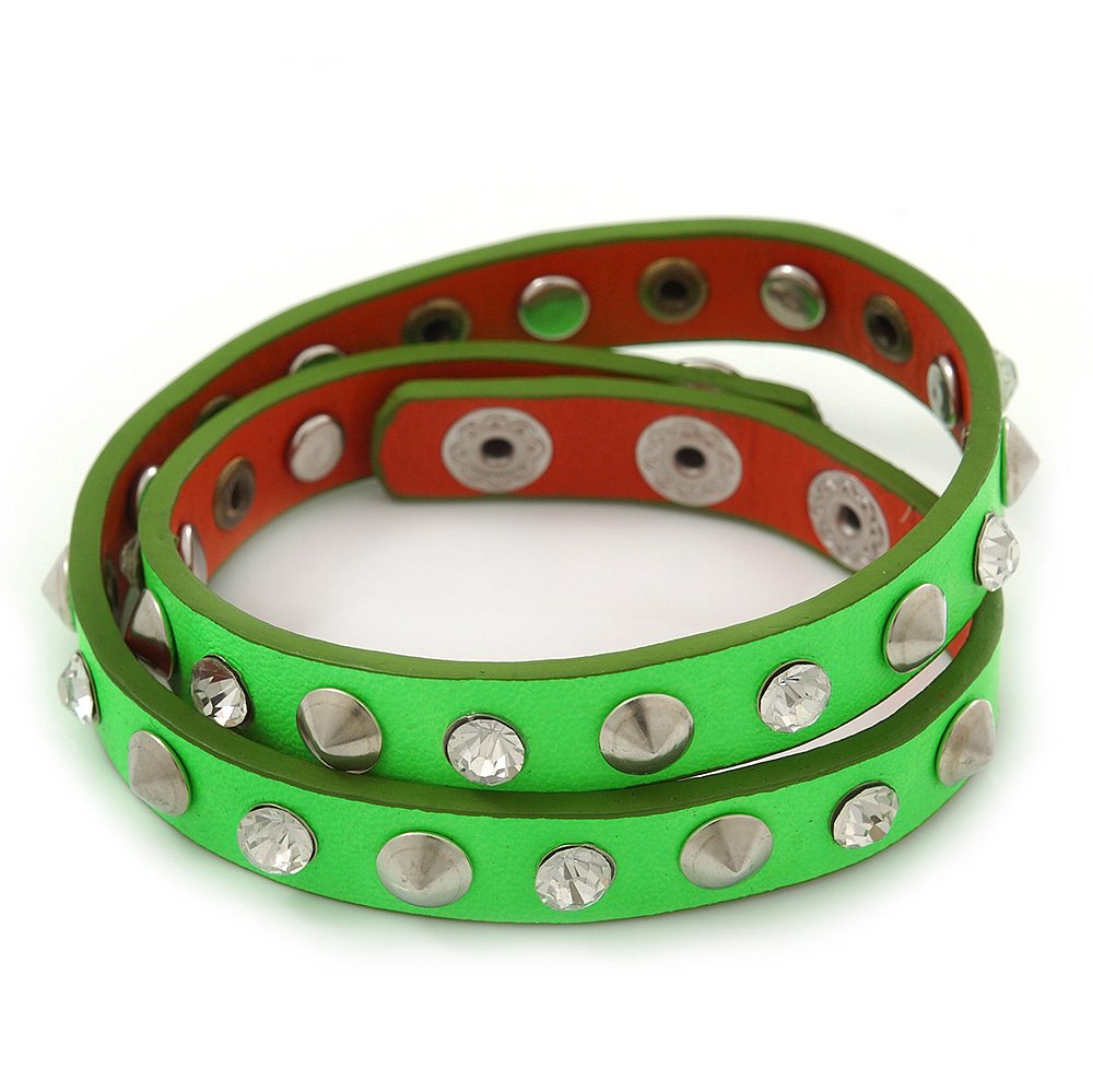 Avalaya Neon Green Leather Style Crystal and Spike Studded Wrap Bracelet - Adjustable (One Size Fits All)