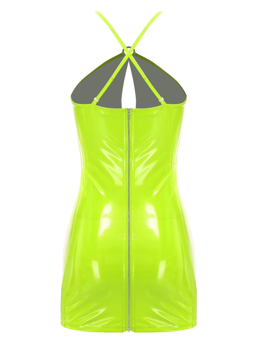 Miutii Women Latex Tight Mini Dress Metallic Sexy Halter Hollow Out Bodycon Dress Rave Party Clubwear Fluorescent Green XX-Large