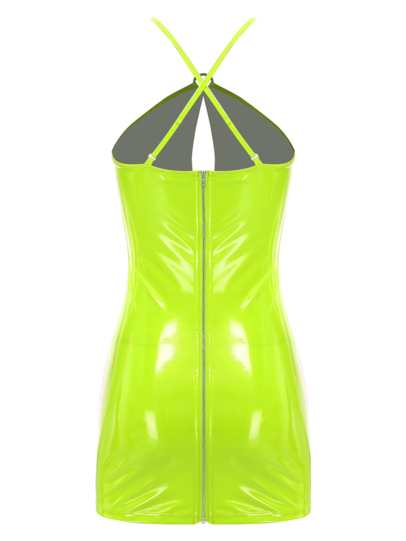 Miutii Women Latex Tight Mini Dress Metallic Sexy Halter Hollow Out Bodycon Dress Rave Party Clubwear Fluorescent Green XX-Large