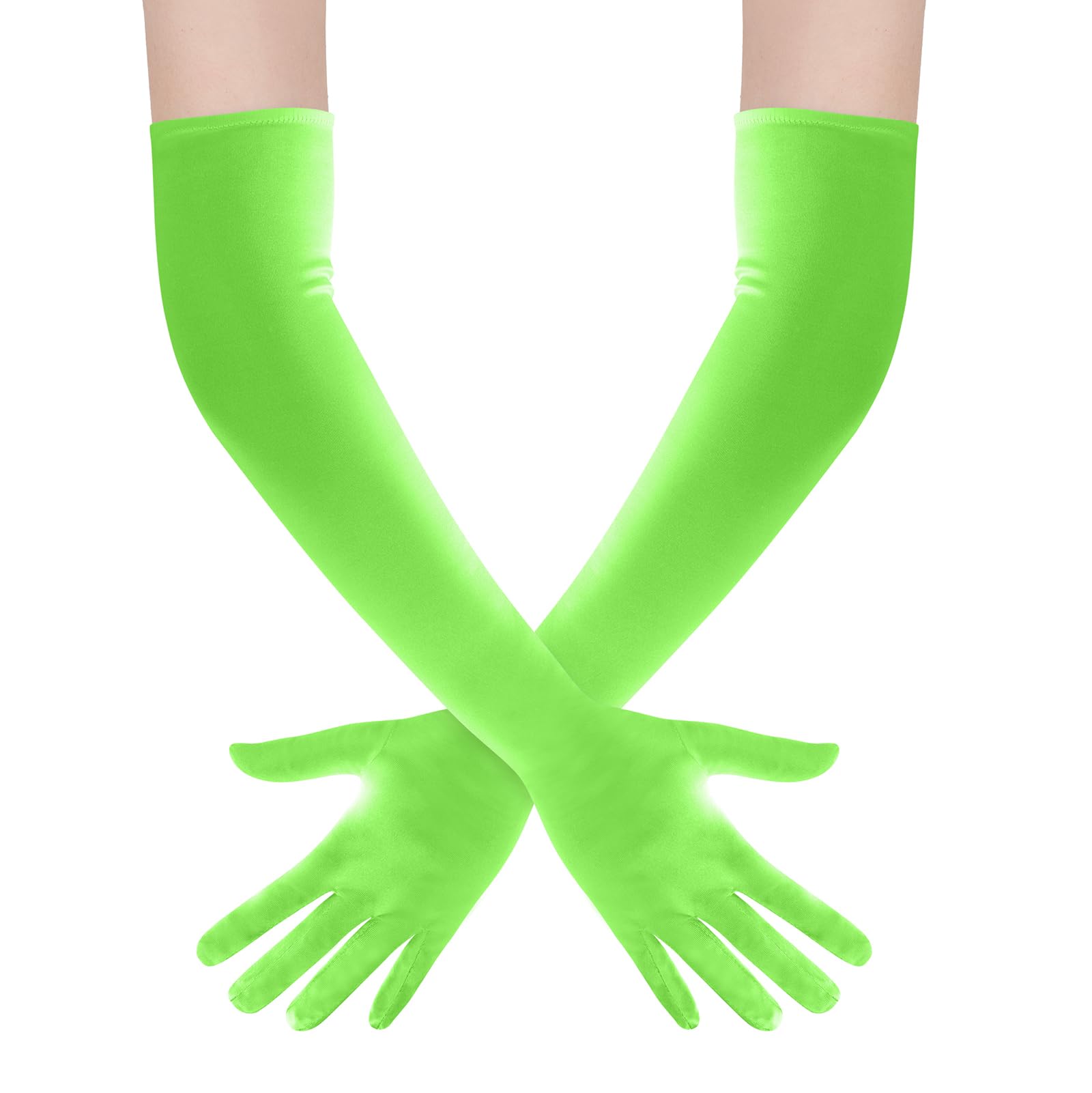 GHGMAO Long Opera Party Gloves for Women 1920s Satin Orange Gloves Costume for Halloween, Tea Party, Wedding, Stretchy Elbow Length Glove, 22" (Neon Green)