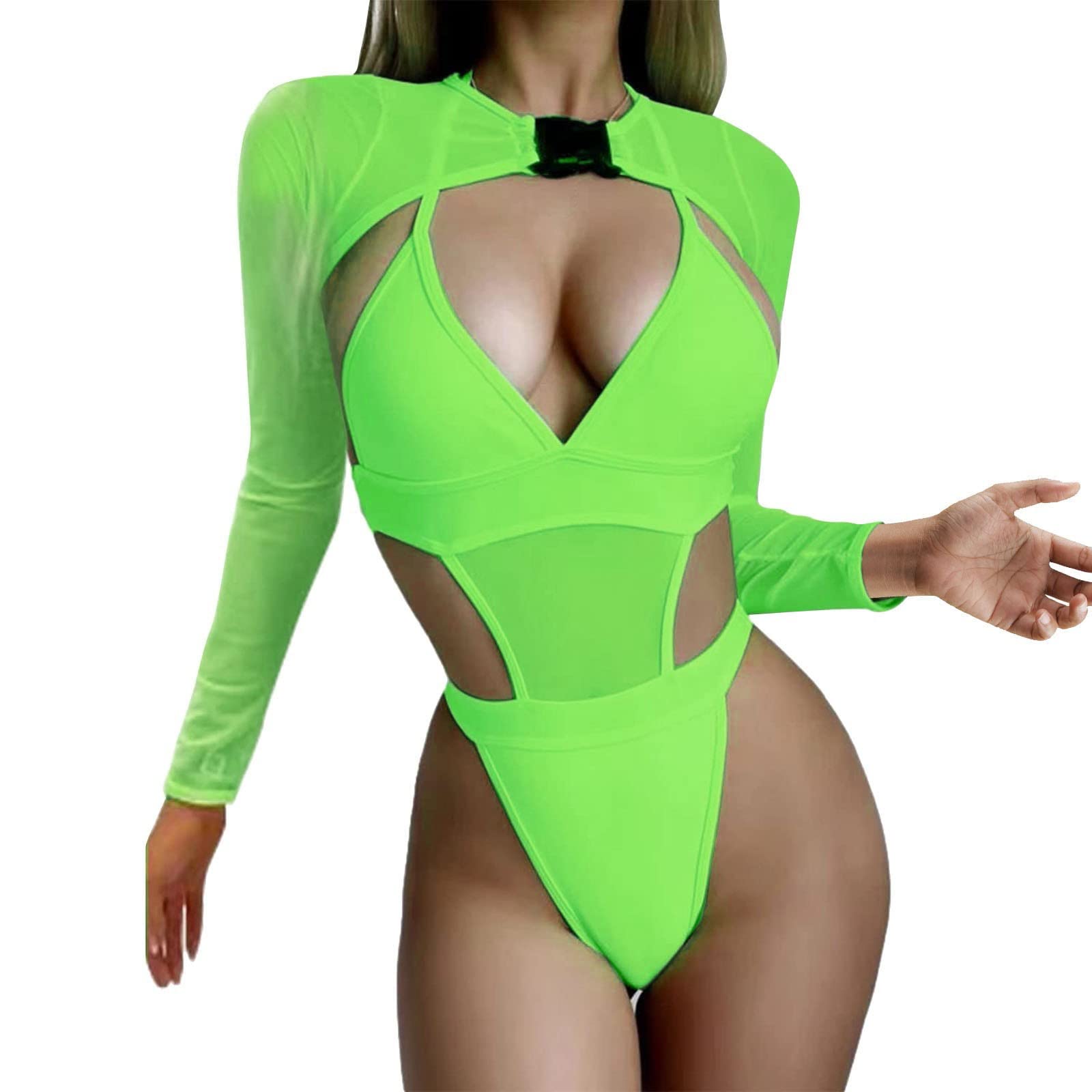 Lingerie Sets for Women Short Set Men 2 Piece Women Rave Outfits Neon Bodysuit Crop Top Long Sleeve Mesh with Buckle for Festival (Green, S)