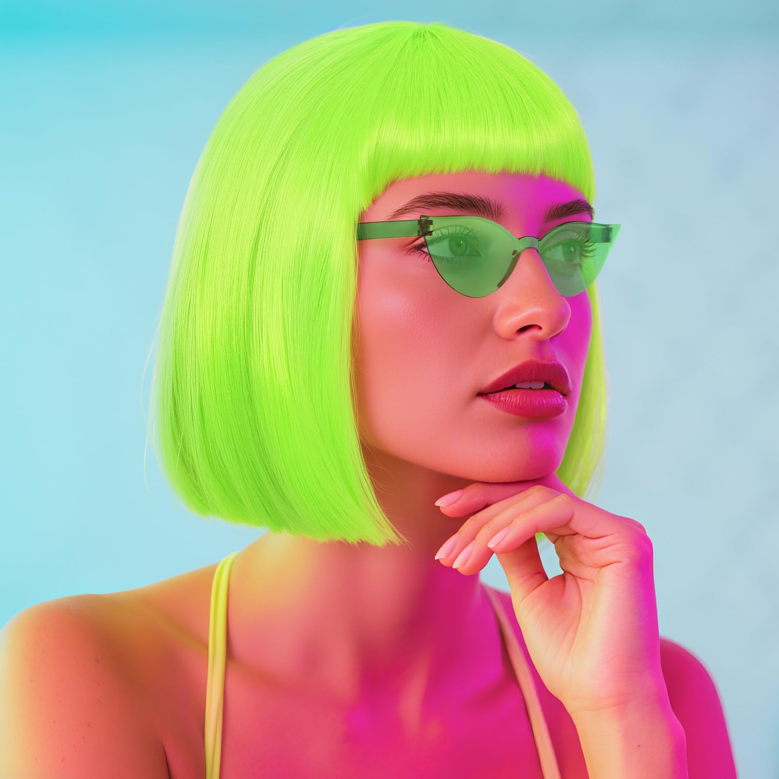 IMEYLE Lime Green Bob Wigs Colorful 3 Pcs Funny Wigs for Women Neon Green Costume Party Wig for St Patrick'S Day Short Neon Green Wig Cosplay Outfit Halloween Party +Sunglasses+Hair Cap