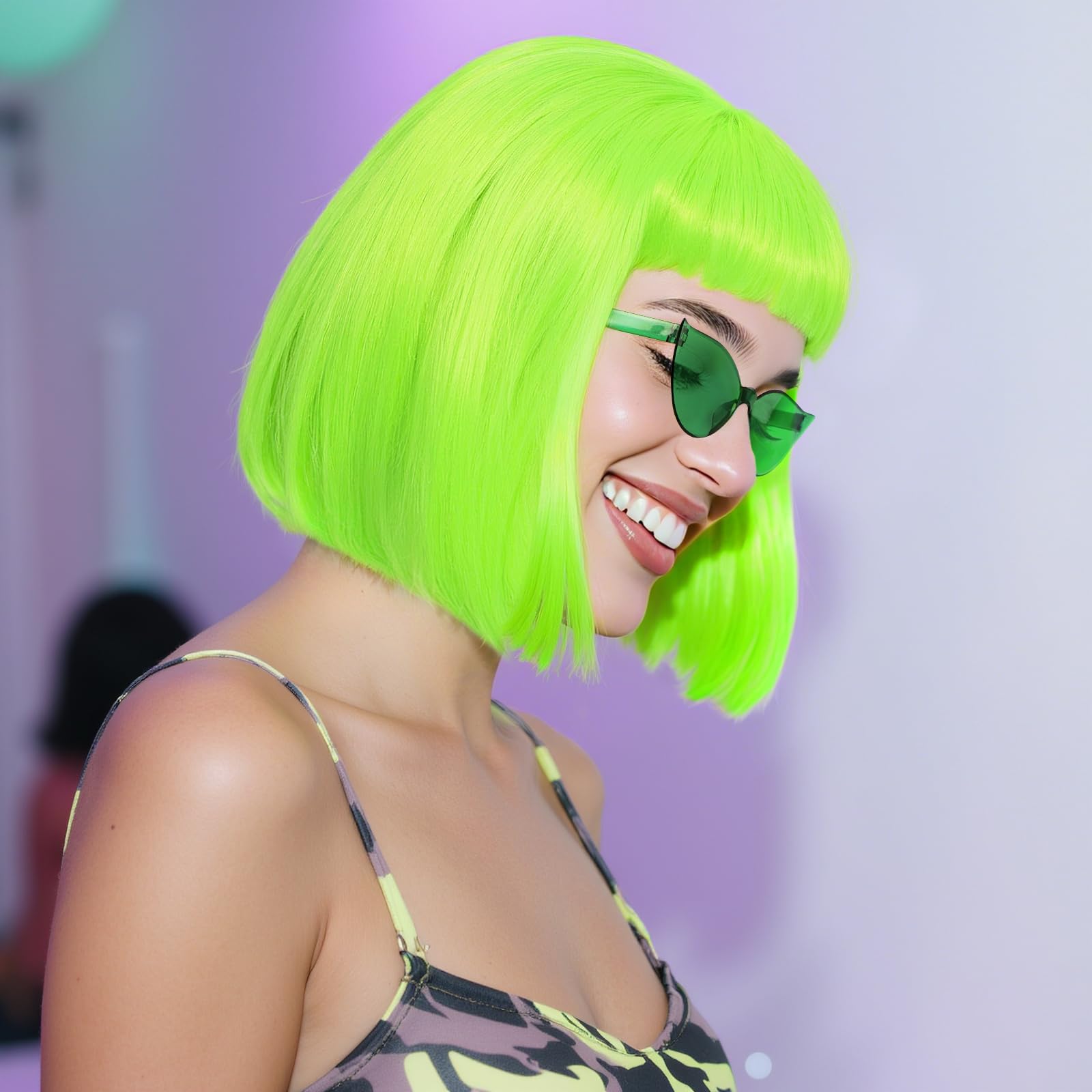 IMEYLE Lime Green Bob Wigs Colorful 3 Pcs Funny Wigs for Women Neon Green Costume Party Wig for St Patrick'S Day Short Neon Green Wig Cosplay Outfit Halloween Party +Sunglasses+Hair Cap
