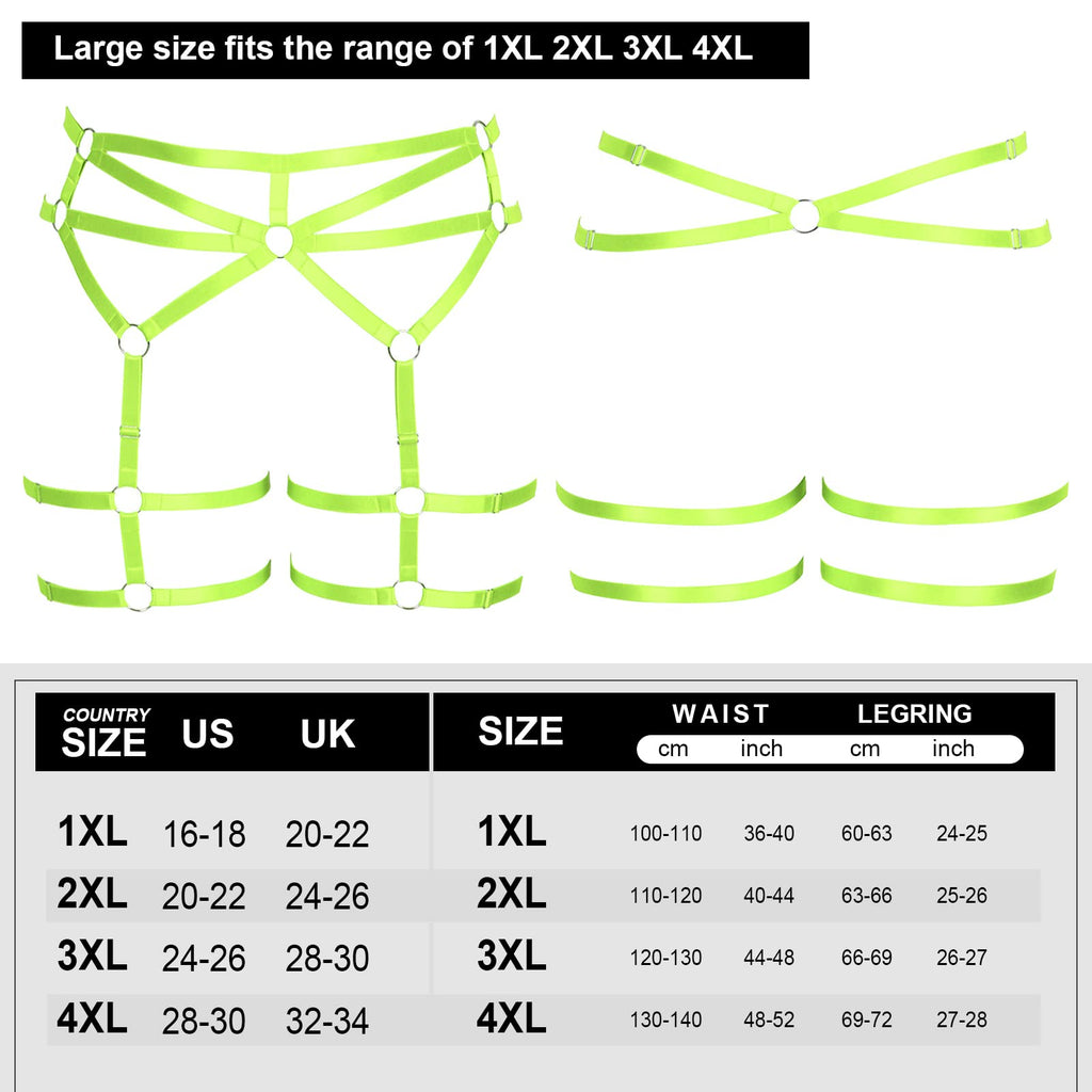 BBOHSS Women's Body Harness Plus Size Punk Garter Leg Belt Lingerie Thigh Stockings Gothic Carnival Costume12 Colors (Fluorescent Green)