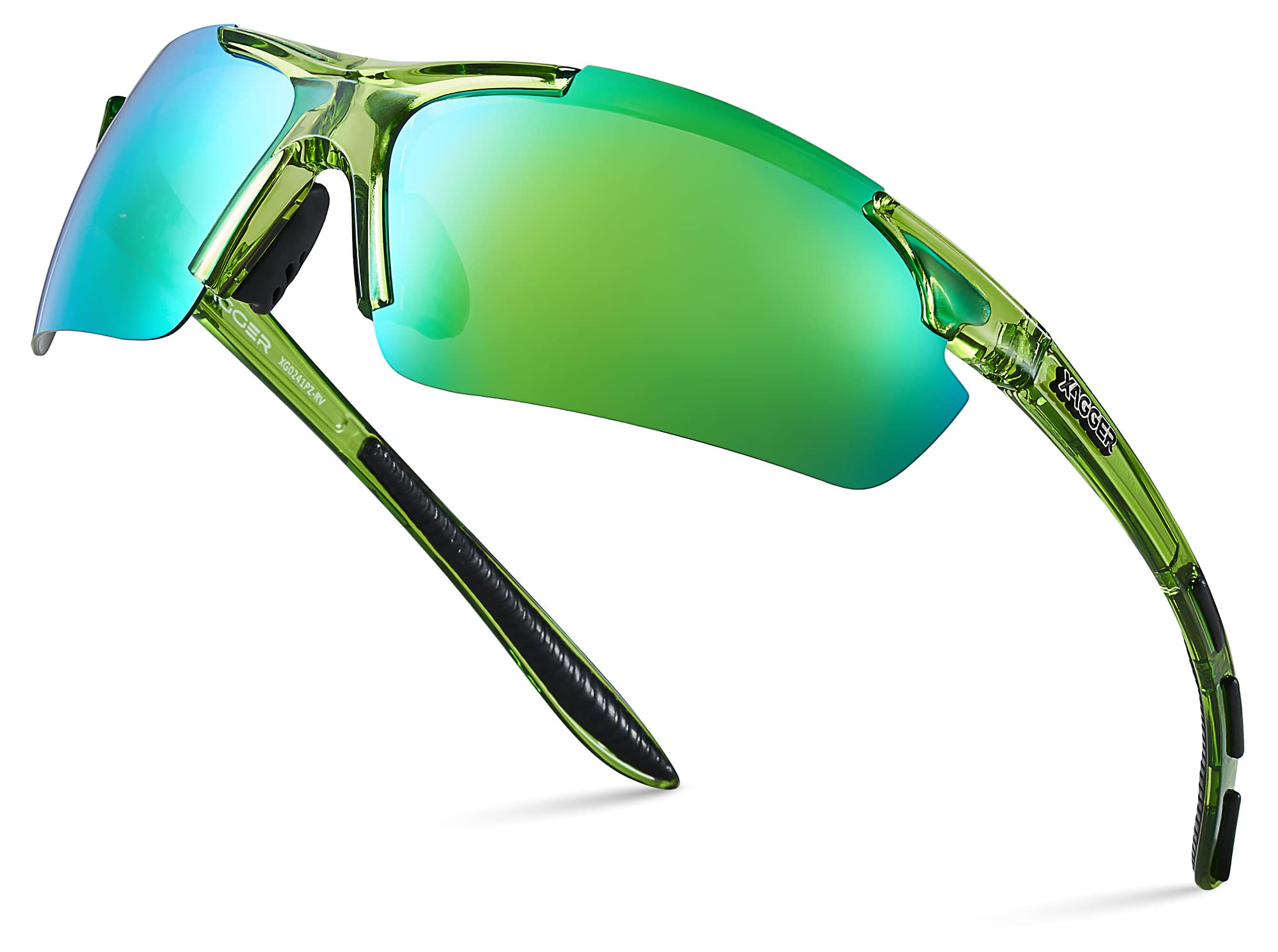 Xagger Polarized Sports Sunglasses for Men Women Wrap Around UV400 Running Baseball Softball Cycling Driving Glasses, Transparent Lime | Green Mirror, one size fits most