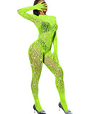 EHSUYAB Women Sexy Lace Jumpsuit, Leopard Fishnet Bodysuit Dancer Glow Rave Outfits, One Piece Mesh Full Rhinestone Lingerie, Neon Green, One Size