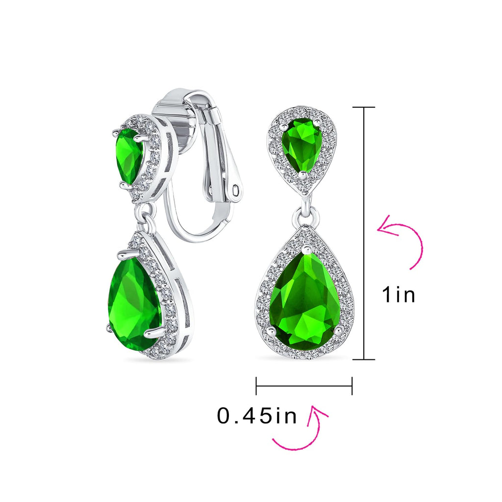 Green Teardrop CZ Halo Prom Drop Statement Chandelier Clip On Earrings Simulated Emerald Cubic Zirconia Silver Plated Brass