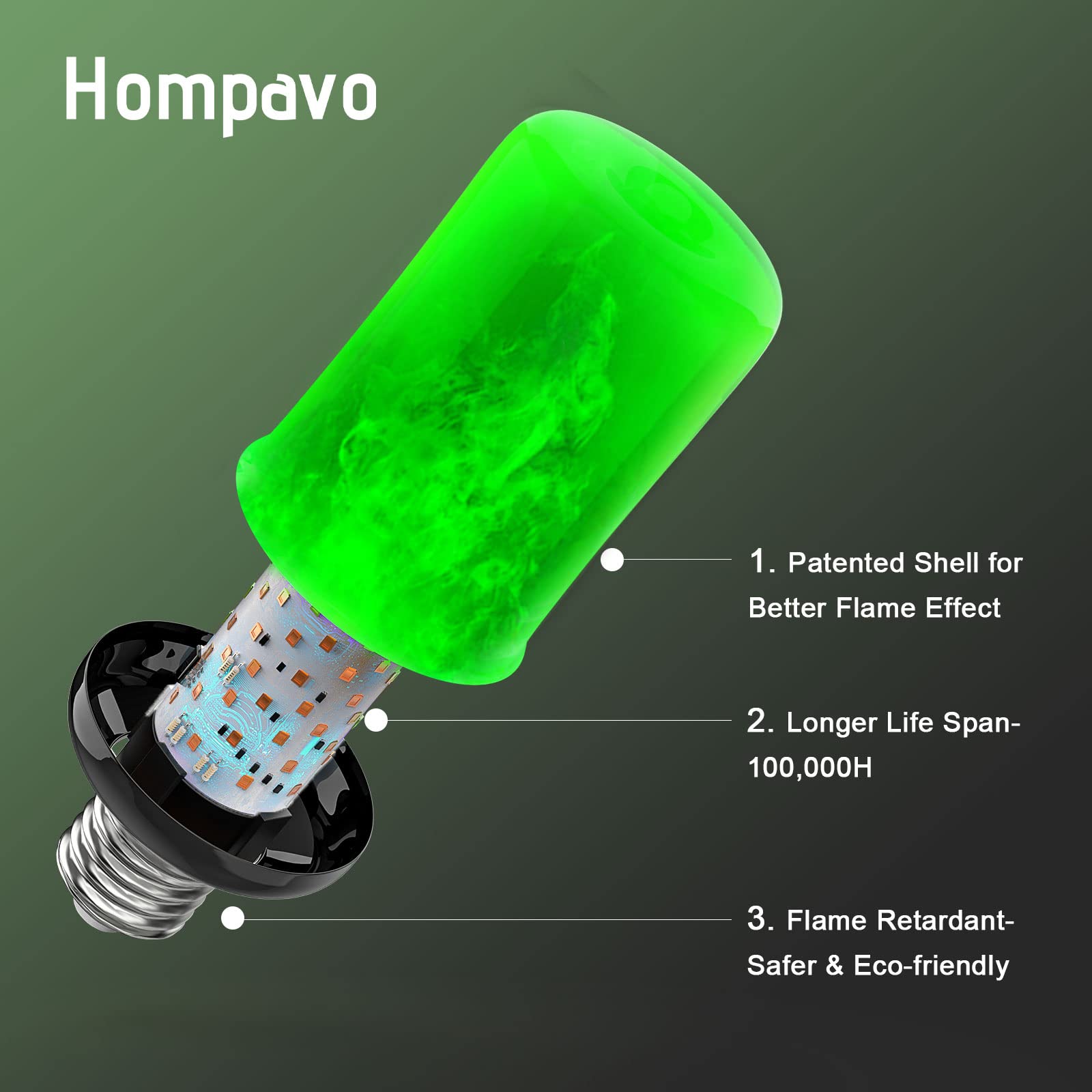 【Upgraded】 Hompavo LED Flame Light Bulb, Green Flickering Light Bulbs with Upside Down Effect, E26/E27 Base Flame Bulb for Halloween, Christmas, Party, Indoor and Outdoor Home Decoration (2 Pack)