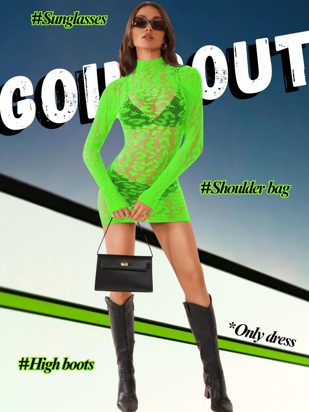 EHSUYAB Women Sexy Leopard Mini Fishnet Bodycon Dress, Long Sleeve Sheer Mesh, Going Out Rave Party Club Exotic Dancer Outfit, Neon Green, One Size