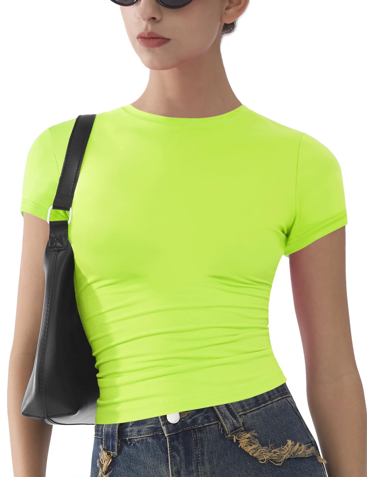 ARCFEETORY Womens Basic Short Sleeve Slim Fit T Shirts Soft Crewneck Crop Y2k Tees Summer Stretchy Cute Tops Neon Green M