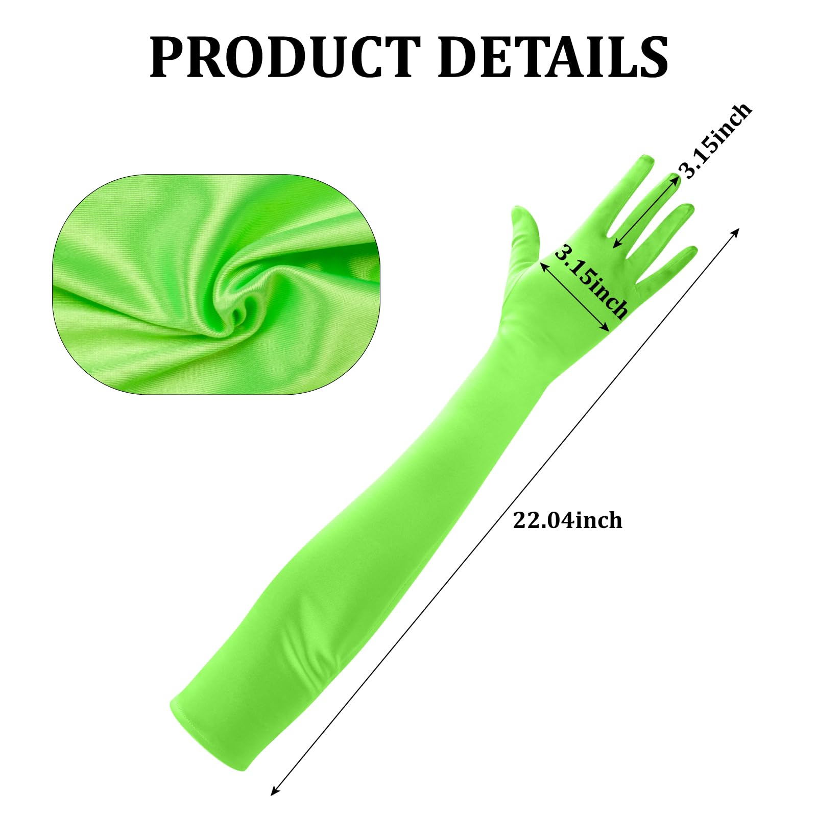 GHGMAO Long Opera Party Gloves for Women 1920s Satin Orange Gloves Costume for Halloween, Tea Party, Wedding, Stretchy Elbow Length Glove, 22" (Neon Green)