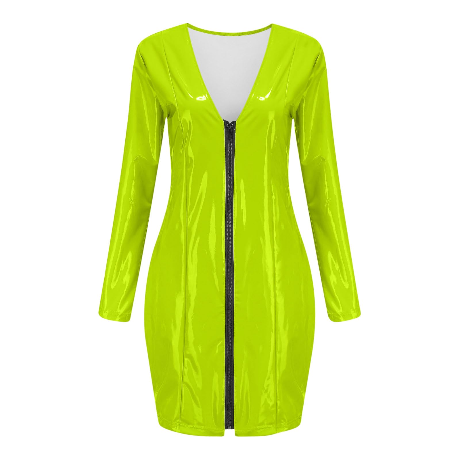 Wet Look Leather Lingerie Women Sexy Deep V Zip Up Bodycon Mini Dress Long Sleeve Chemise Babydoll Nightgown Clubwear Green