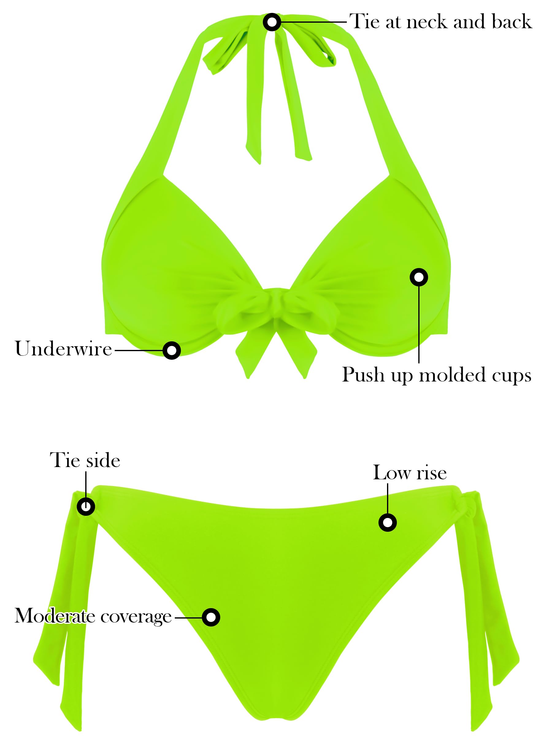 RELLECIGA Women's Neon Green Knot Front Underwire Push Up Bikini Top with Low-Rise Bikini Bottom Two Piece Swimsuits Size Large