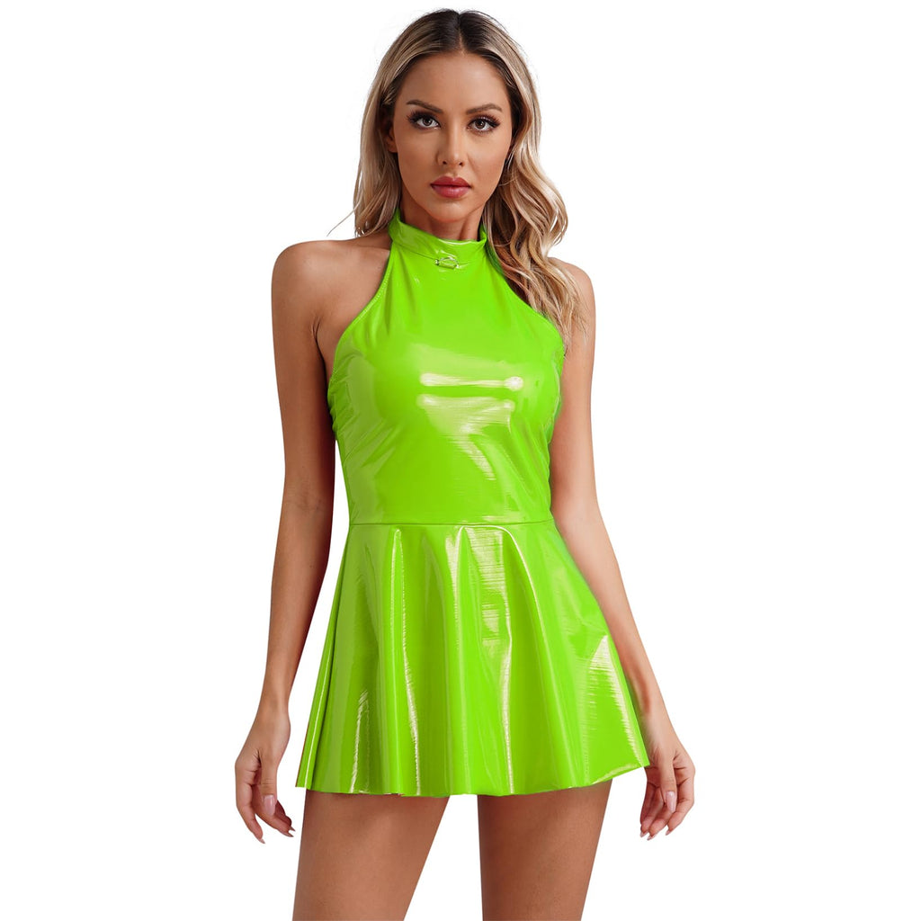 LiiYii Women's Pleated Latex Dress Fashion Wetlook PVC Leather Mini Dress Party Club Sexy Dress Fluorescent Green X-Large
