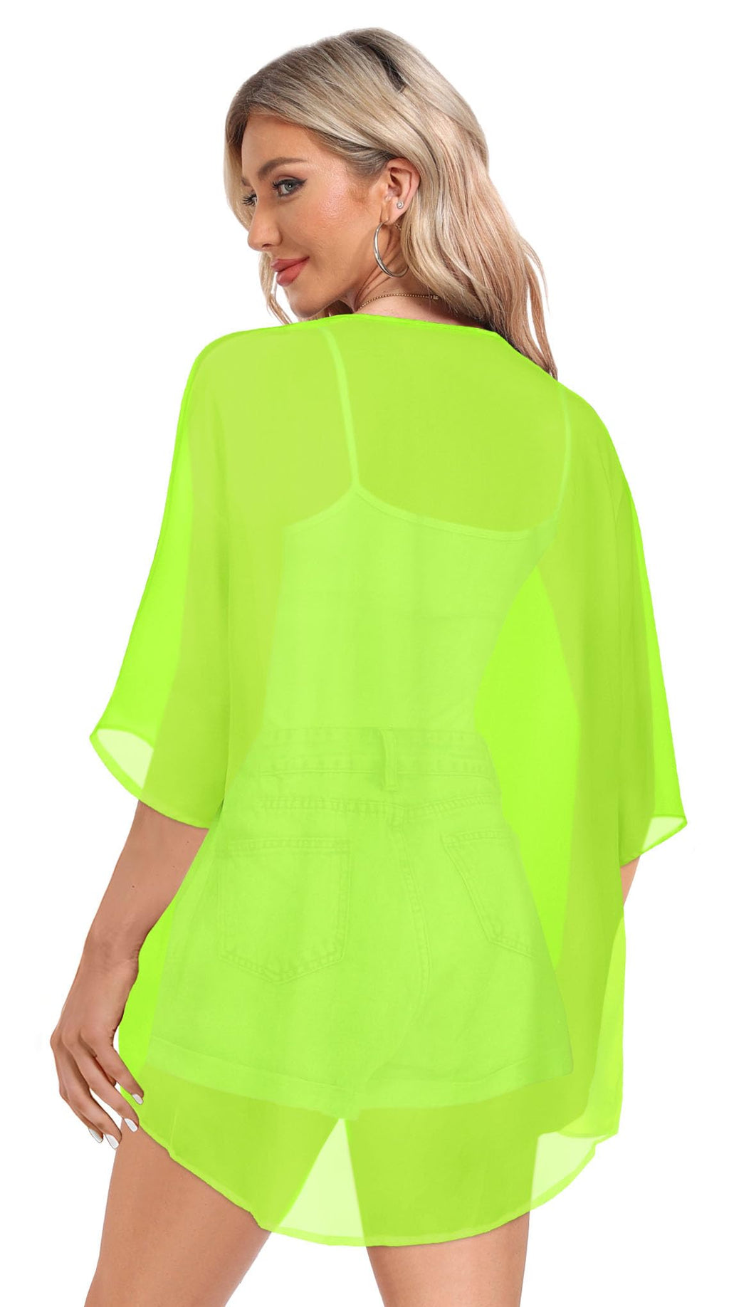 Women's Tops Summer Kimono Cardigan Floral Print Puff Sleeve Swimsuit Cover Up Casual Loose Fit Blouse (A-soild Neon Green,L)