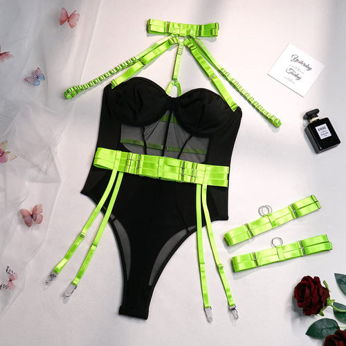4UFIT Sexy Lingerie Set for Women Adjustable Strappy Bodysuit with Choker Garter Belts Green