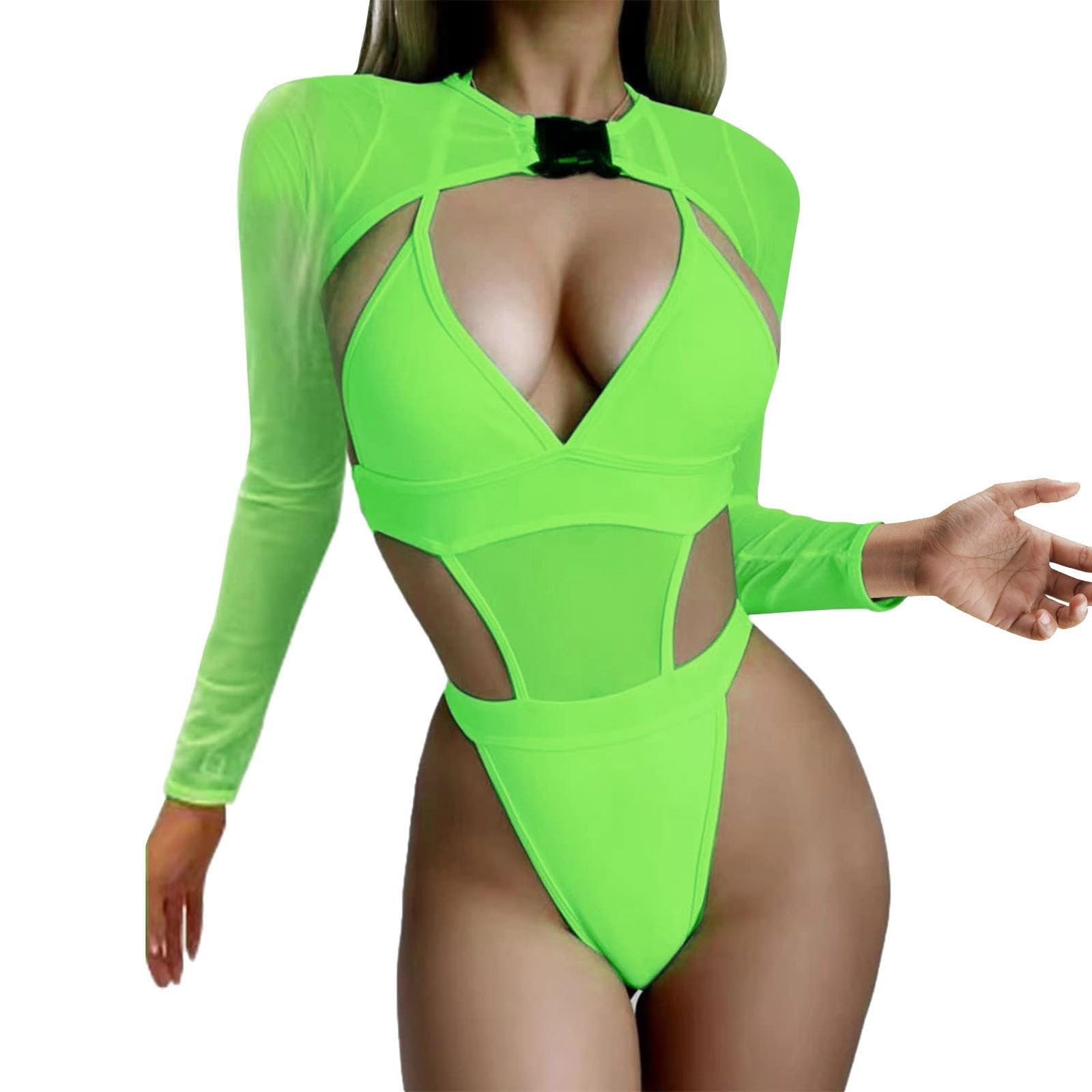 Lingerie Sets for Women Short Set Men 2 Piece Women Rave Outfits Neon Bodysuit Crop Top Long Sleeve Mesh with Buckle for Festival (Green, S)