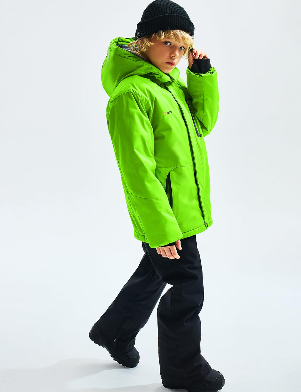 GEMYSE Boy's Waterproof Ski Snow Jacket Hooded Fleece Windproof Winter Jacket(Fluorescent Green,10/12)