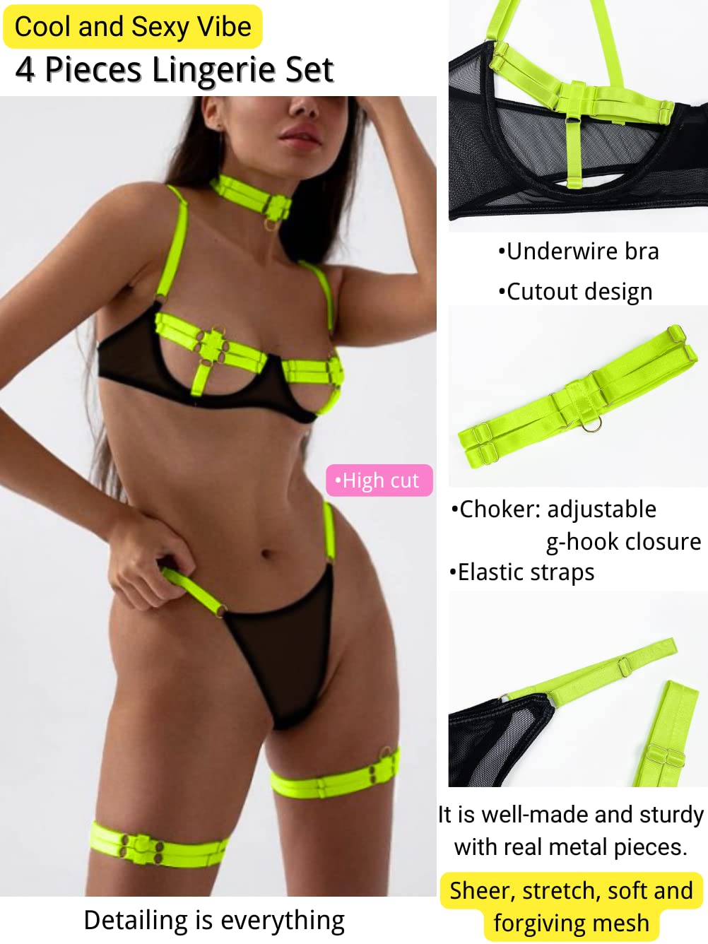 Kaei&Shi Sexy Bra and Panty Sets,Glow in The Dark Blacklight Choker Lingerie for Women,Underwire Strappy Thong Sheer Matching 4 Piece Sexy Lingerie Set Boudoir Neon Green Medium