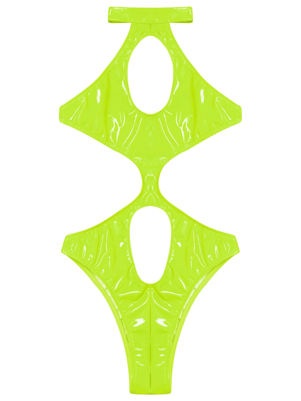 LiiYii Womens Wet Look PVC Leather Bodysuits One Piece Halter Neck Backless Teddy Catsuits Leotard Tops Fluorescent Green X-Large