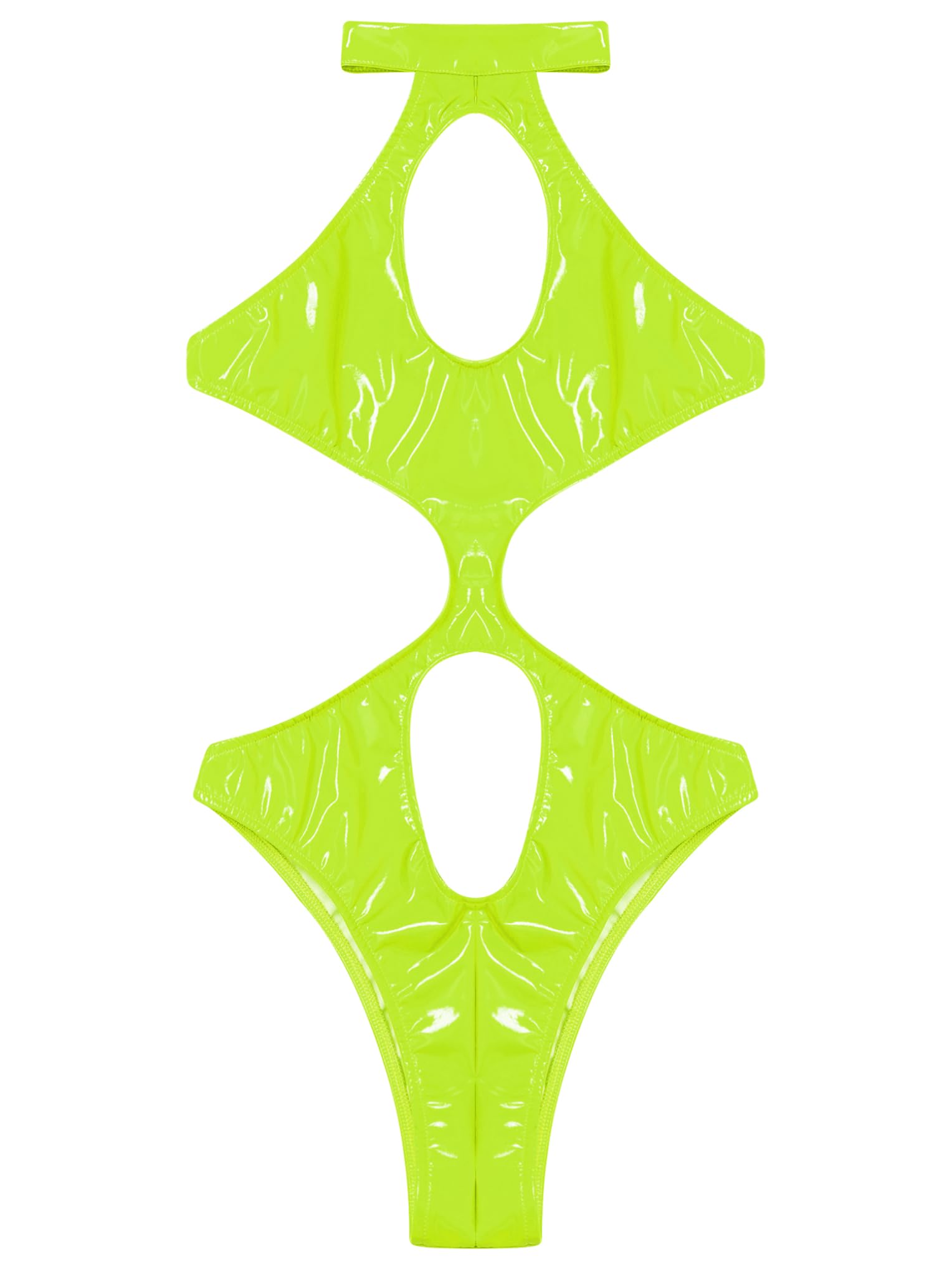 LiiYii Womens Wet Look PVC Leather Bodysuits One Piece Halter Neck Backless Teddy Catsuits Leotard Tops Fluorescent Green X-Large