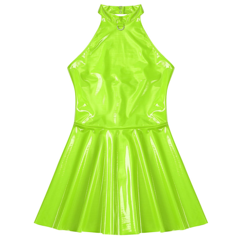 LiiYii Women's Pleated Latex Dress Fashion Wetlook PVC Leather Mini Dress Party Club Sexy Dress Fluorescent Green X-Large