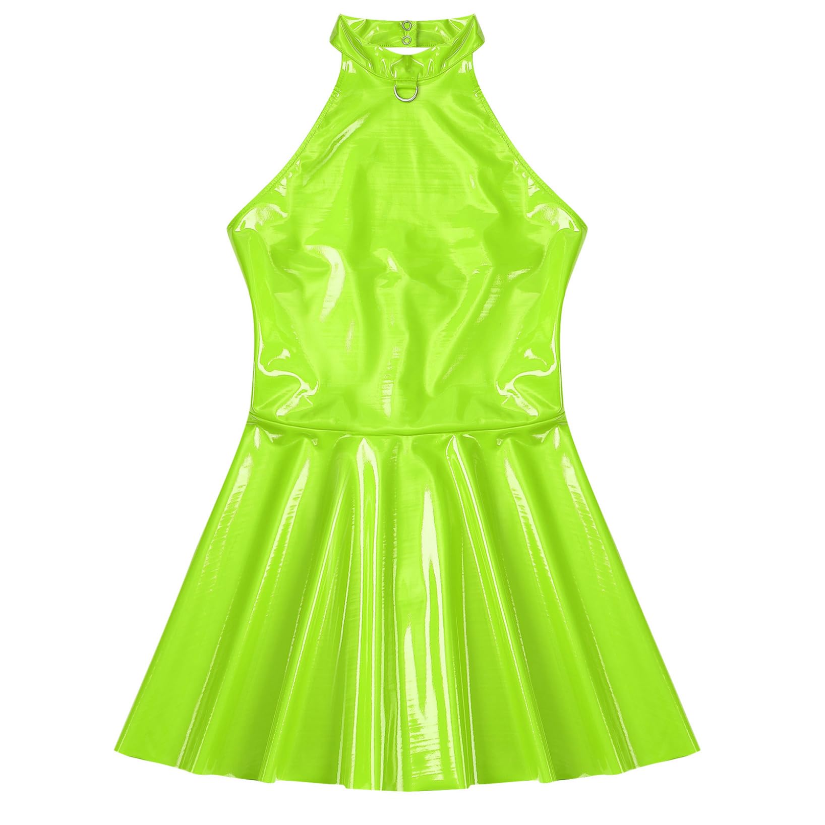 LiiYii Women's Pleated Latex Dress Fashion Wetlook PVC Leather Mini Dress Party Club Sexy Dress Fluorescent Green X-Large