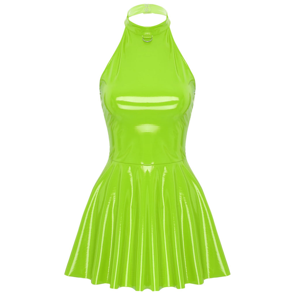 LiiYii Women's Pleated Latex Dress Fashion Wetlook PVC Leather Mini Dress Party Club Sexy Dress Fluorescent Green X-Large