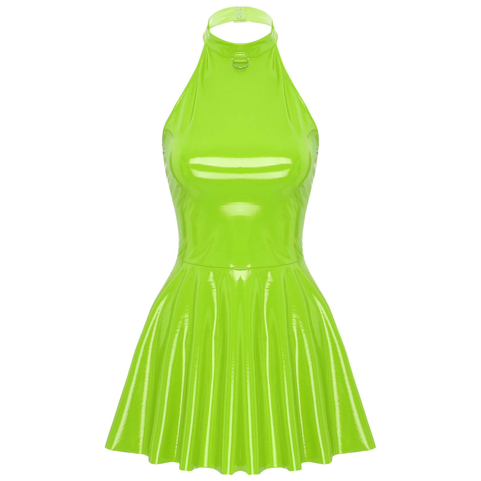 LiiYii Women's Pleated Latex Dress Fashion Wetlook PVC Leather Mini Dress Party Club Sexy Dress Fluorescent Green X-Large