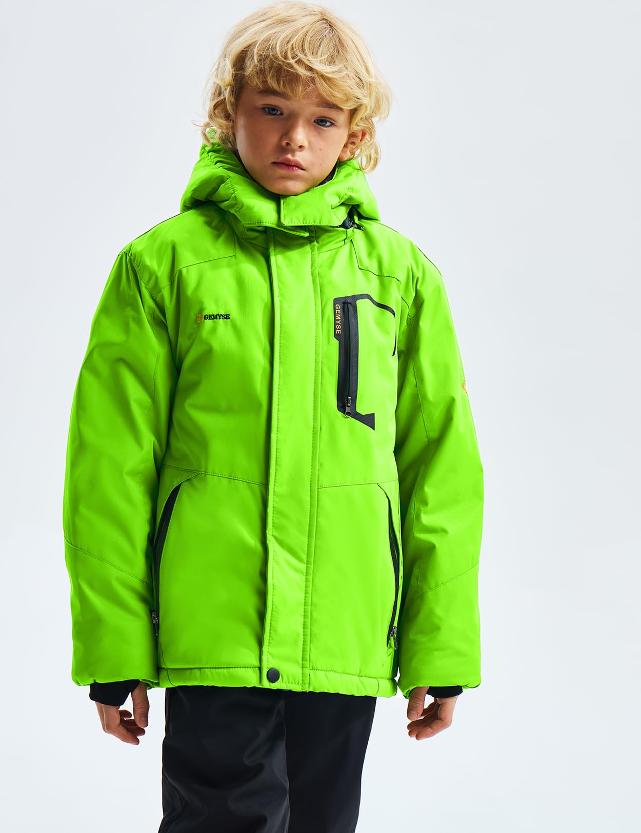 GEMYSE Boy's Waterproof Ski Snow Jacket Hooded Fleece Windproof Winter Jacket(Fluorescent Green,10/12)