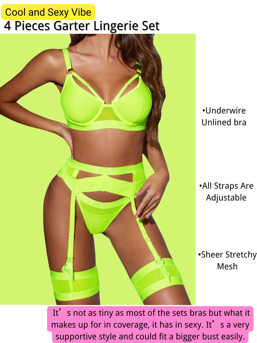Kaei&Shi Garter Belt Thong Lingerie for Women,Strappy Hollow Out Sexy Lingerie,Underwire Mesh Sheer Matching 4 Piece Lingerie Set Boudoir Neon Green Large