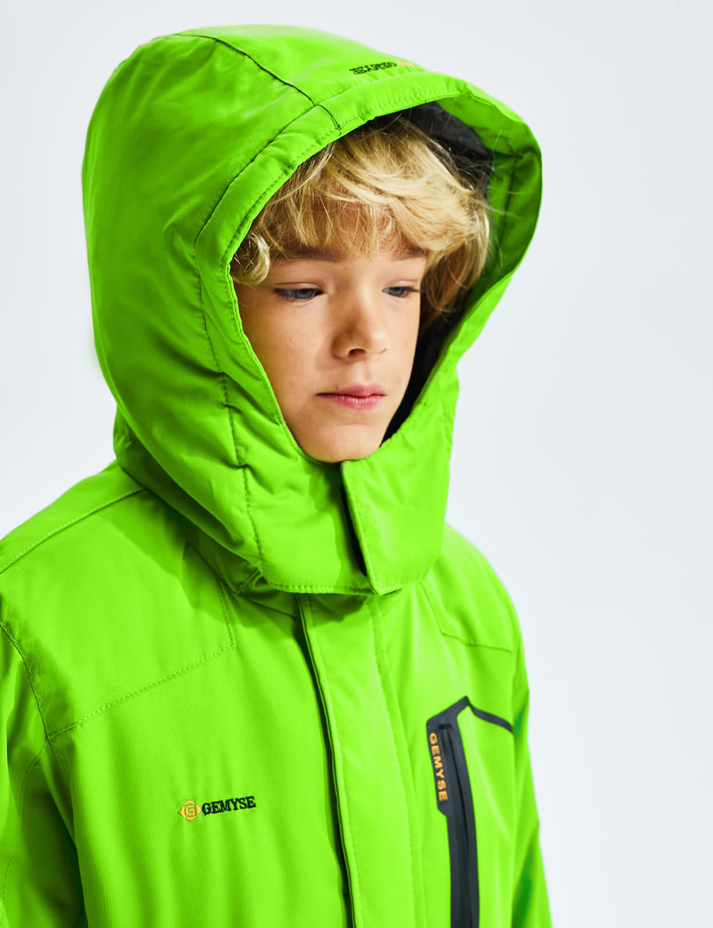 GEMYSE Boy's Waterproof Ski Snow Jacket Hooded Fleece Windproof Winter Jacket(Fluorescent Green,10/12)