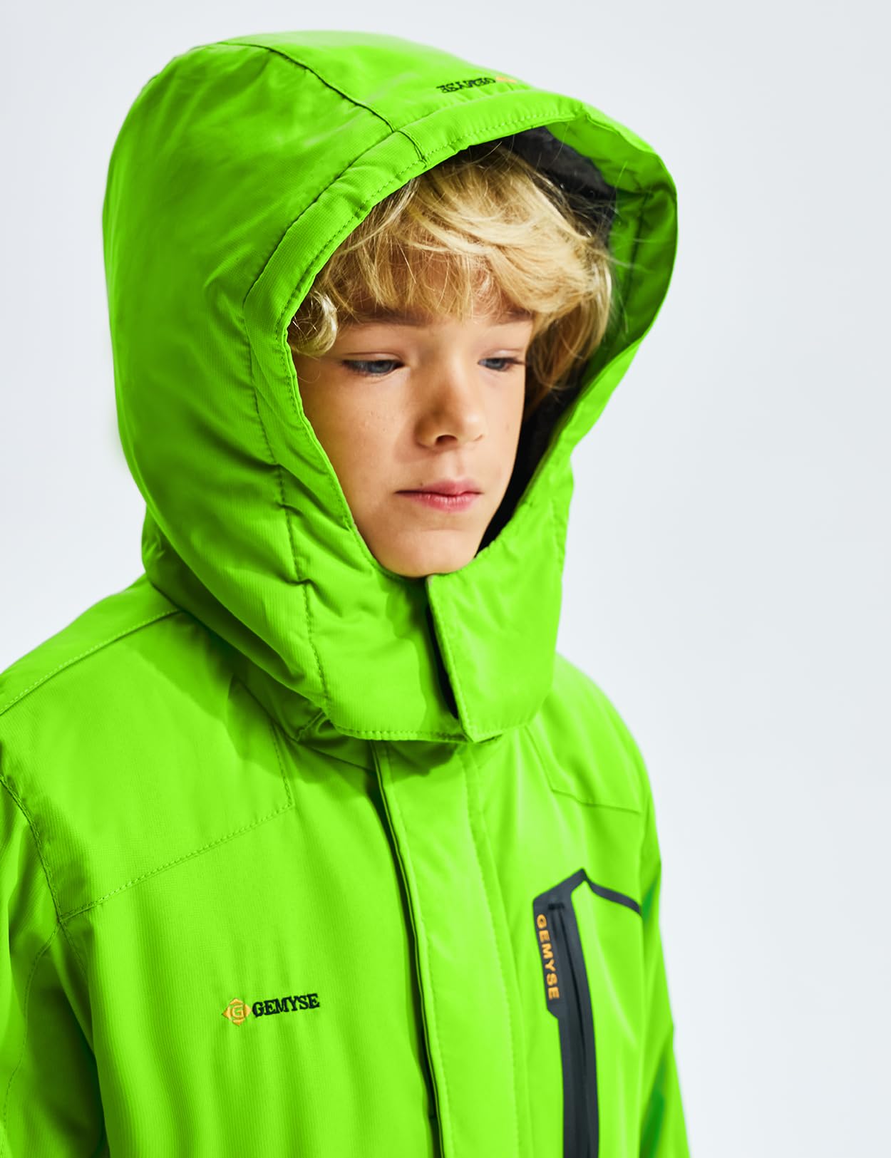 GEMYSE Boy's Waterproof Ski Snow Jacket Hooded Fleece Windproof Winter Jacket(Fluorescent Green,10/12)