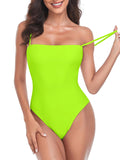 RELLECIGA Women's Neon Green High Cut Bandeau One Piece Swimsuits with Adjustable Shoulder Straps Size X-Large