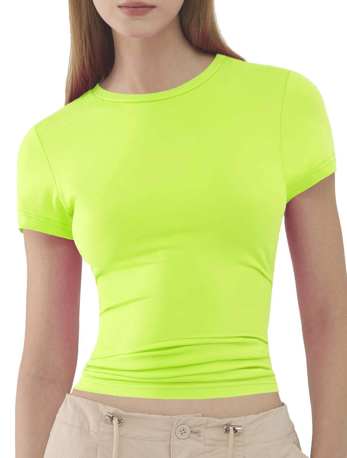 ARCFEETORY Womens Basic Short Sleeve Slim Fit T Shirts Soft Crewneck Crop Y2k Tees Summer Stretchy Cute Tops Neon Green M