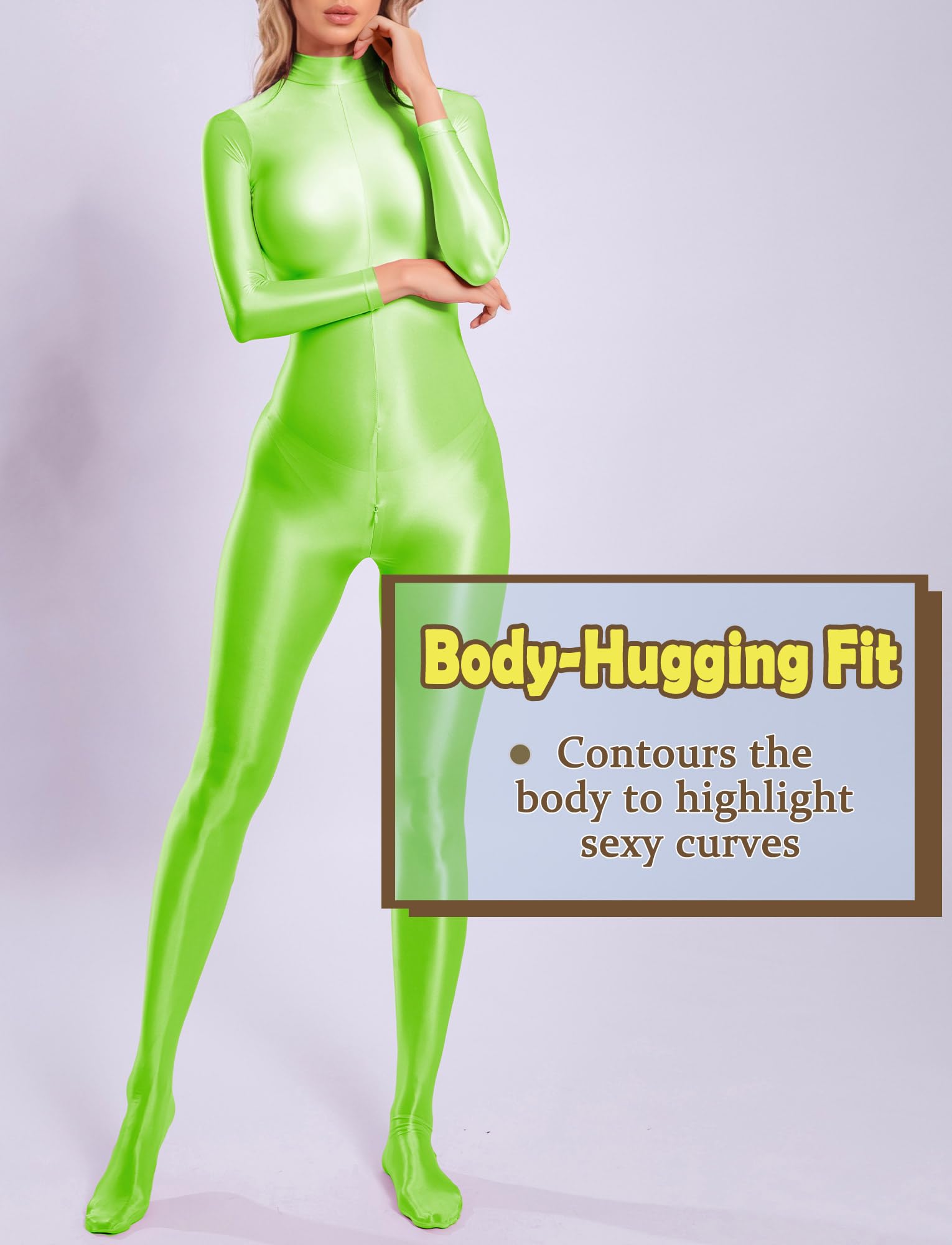 Women's Sexy High Stretch Catsuit Bodysuit Shiny Glossy Back Zipper Leotard One Piece High Neck Jumpsuit Long Sleeve Oil Glossy Unitard Green M
