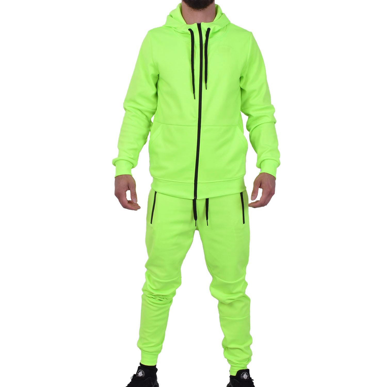 Riflessi Men's Athletic Sports Casual 2 Piece Solid Color Tracksuit Hoodie Jogger Pants Sweatsuit Set, Neon Green, 3X-Large