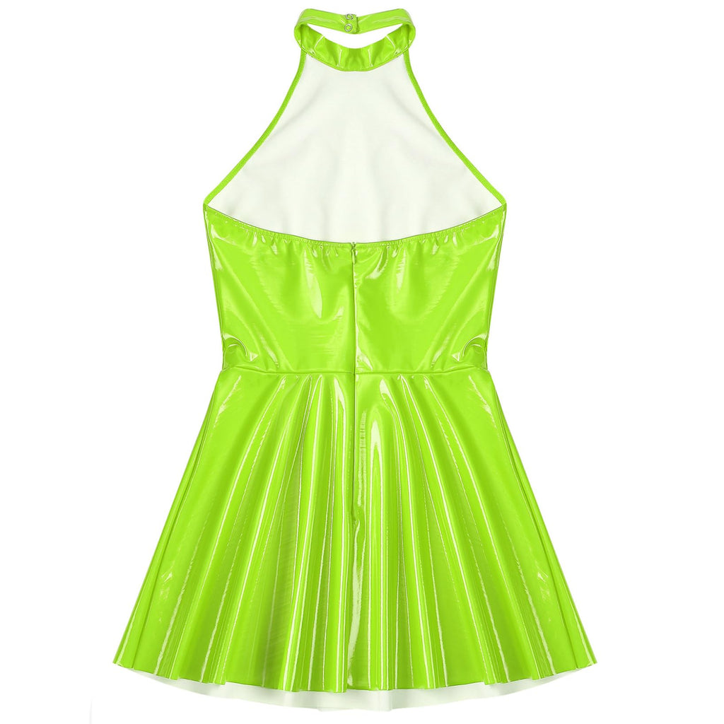 LiiYii Women's Pleated Latex Dress Fashion Wetlook PVC Leather Mini Dress Party Club Sexy Dress Fluorescent Green X-Large