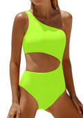 Women's One Piece Swimsuit- One Shoulder Bathing Suit Cutout Tummy Control Swimwear, Neon Green, Large