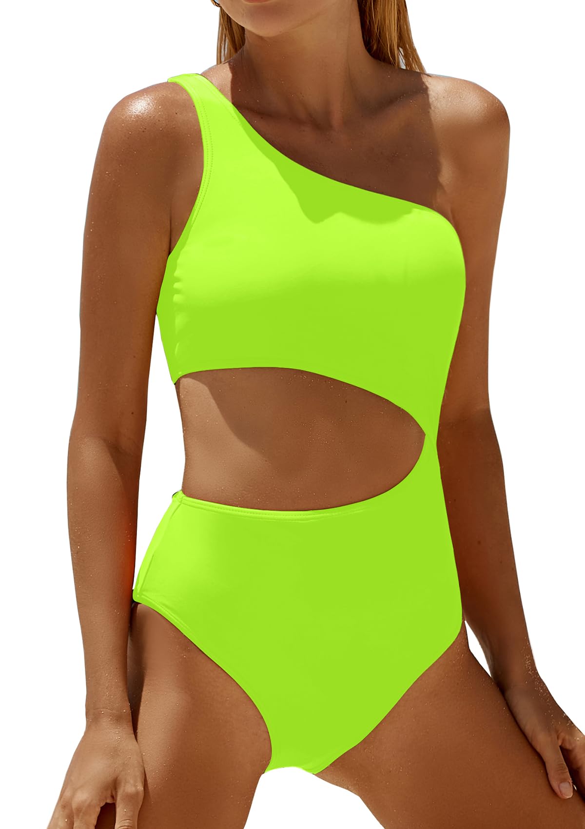 Women's One Piece Swimsuit- One Shoulder Bathing Suit Cutout Tummy Control Swimwear, Neon Green, Large