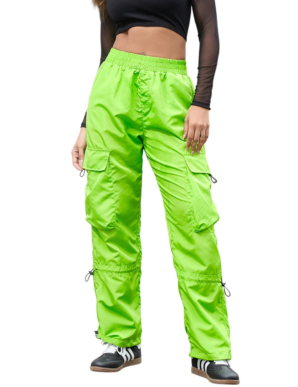 Perfashion Parachute Pants Woman Drawstring Baggy Cargo Pant Rave Concert Outfits Quick Dry Jogger Sweatpants, Green 133-924, X-Large