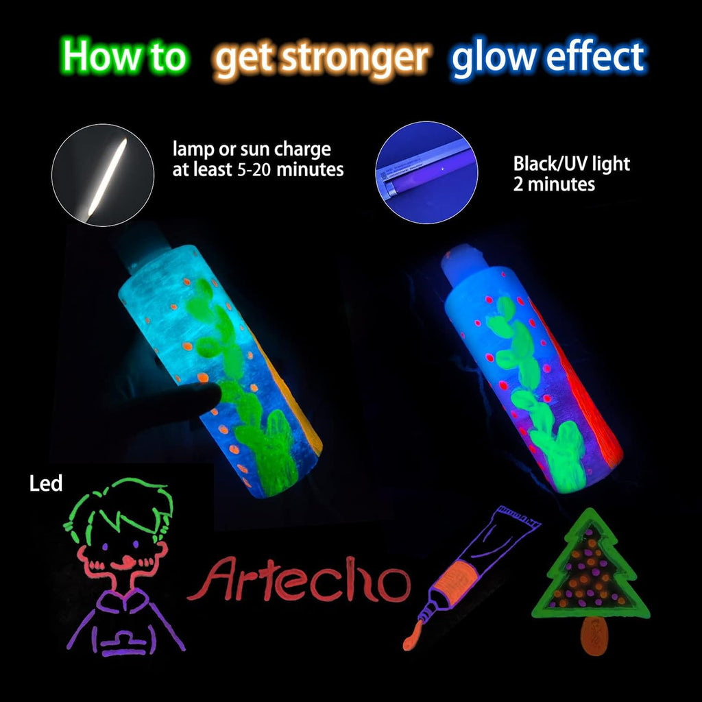 Artecho Glow in the Dark Paint, Neon Green Paint (120ml / 4.05oz) Tubes, Art Craft Paints for Canvas, Rock, Stone, Wood, Fabric, Art Supplies